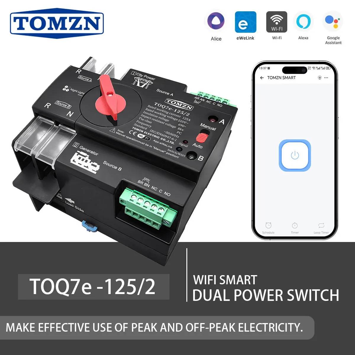 Interruptor de alimentación Dual TOMZN TOQ7e 2P generador eWeLink para energía urbana automatización WIFI Manual luz nocturna serie temporizador solo 220/230V