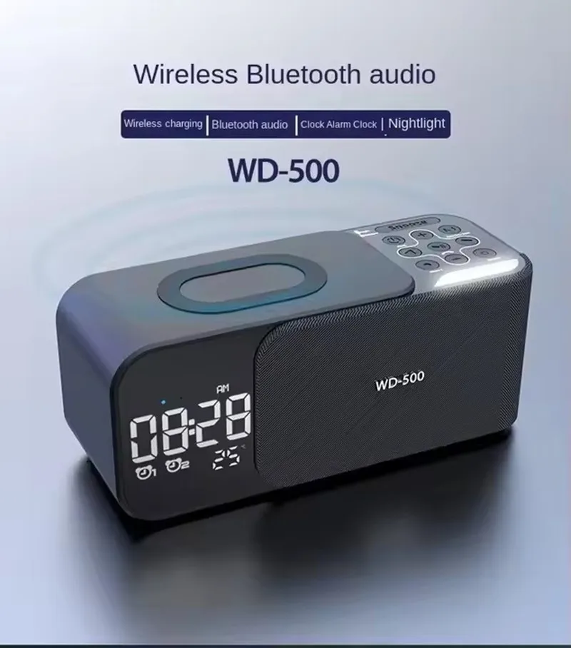 Reloj despertador doble con carga inalámbrica de 15W, Altavoz Bluetooth para el hogar con luz nocturna, subwoofer Bluetooth, pantalla de temperatura FM/TF/AUX - imagen 2