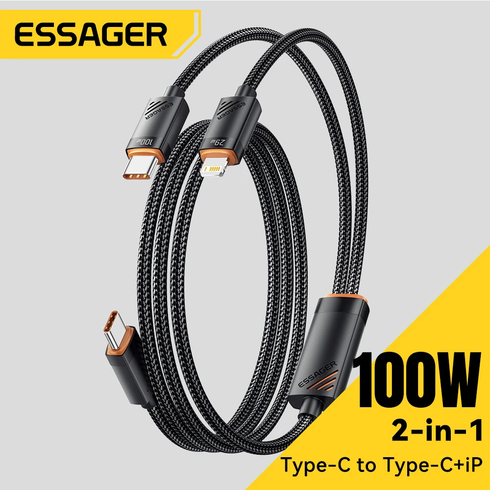 Essager 2 en 1 USB tipo C a tipo C Cable PD 100W Cable de carga rápida para iPhone16 Huawei Laptop Tablet tipo C a Cable de iluminación - imagen 3