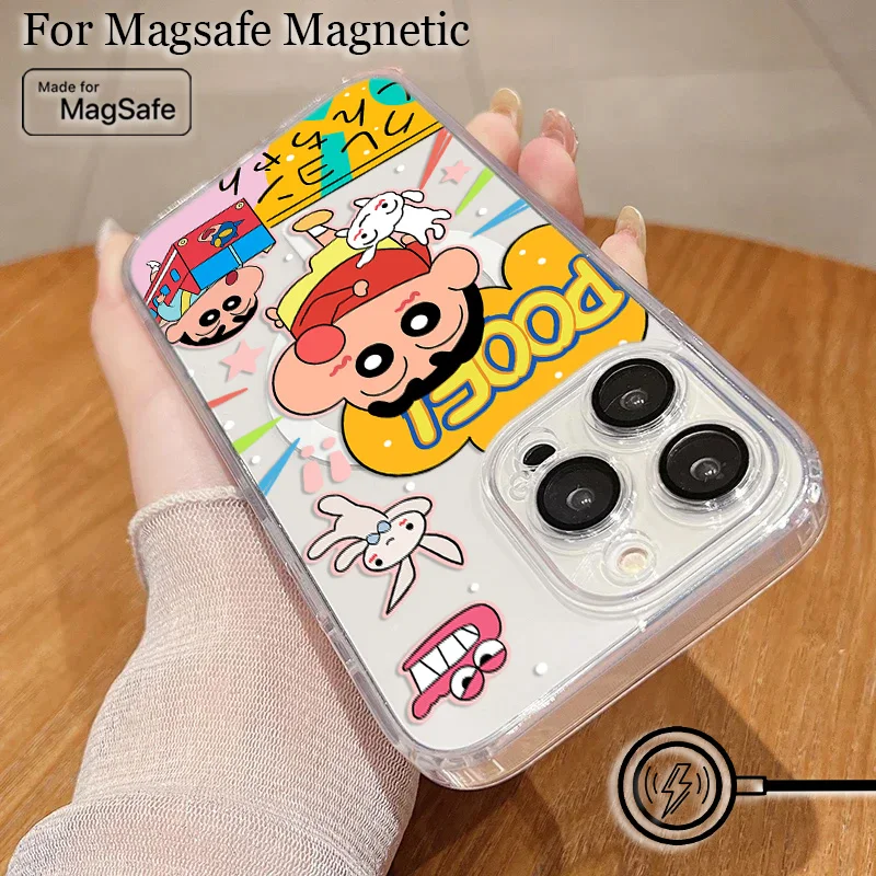 Funda de teléfono magnética Magsafe con crayones de Anime Shin-chans para iPhone 16 15 14 13 12 11 8 Plus Pro Max X XR XSMax, funda de Tpu transparente suave - imagen 2