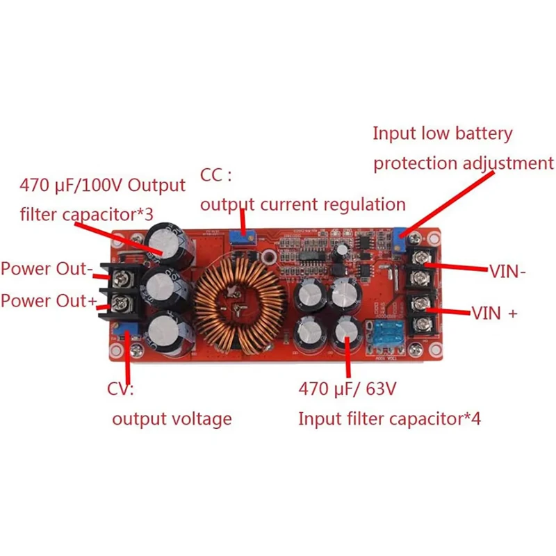 RGEEK 1200W 20A DC Convertidor Boost Módulo de fuente de alimentación elevador EN 8-60V SALIDA 12-83V con disipador de calor 1200 W 12V a 24V 48V - imagen 5