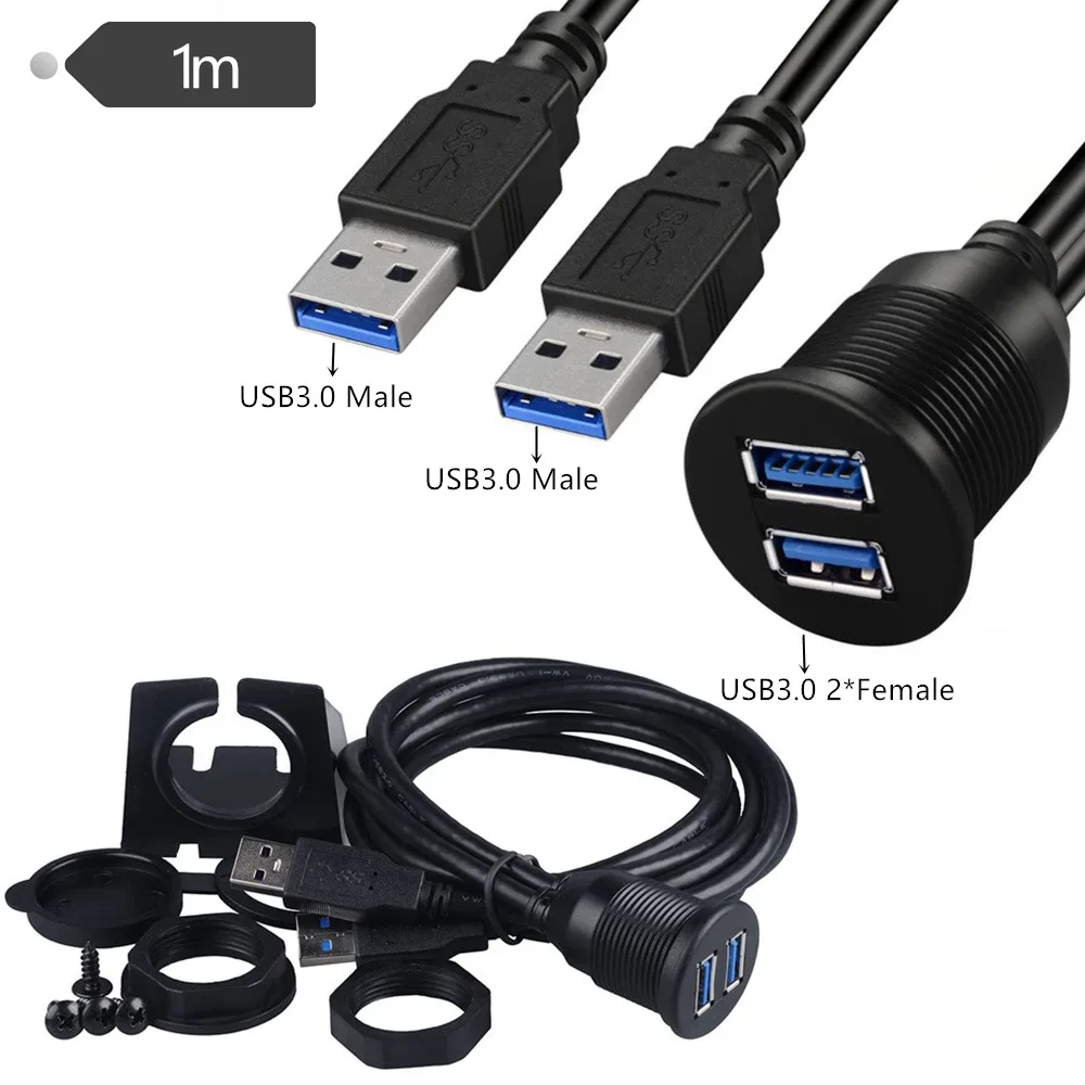 Doble puerto USB3.0 línea impermeable automóvil barco motocicleta tablero de instrumentos extensión de datos Cable de 100cm - imagen 5