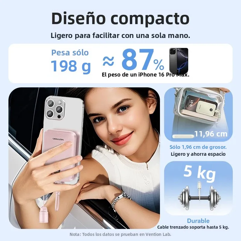 Vention Power Bank 10000mAh 22,5W PD Power Charging con cable USB tipo C incorporado para iPhone /Huawei, cargador ultraportátil - imagen 5