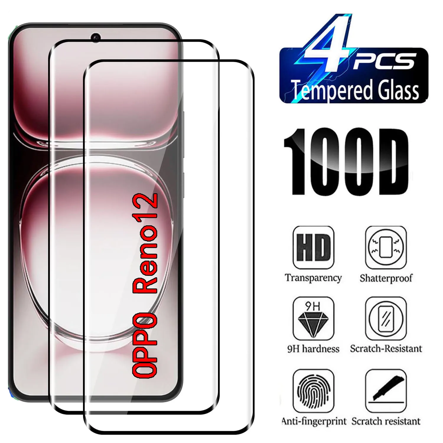 Protector de pantalla de vidrio templado con pegamento curvo de cuatro lados para OPPO Reno12 5G/Reno12 Pro 5G HD, 2/4 Uds. - imagen 2