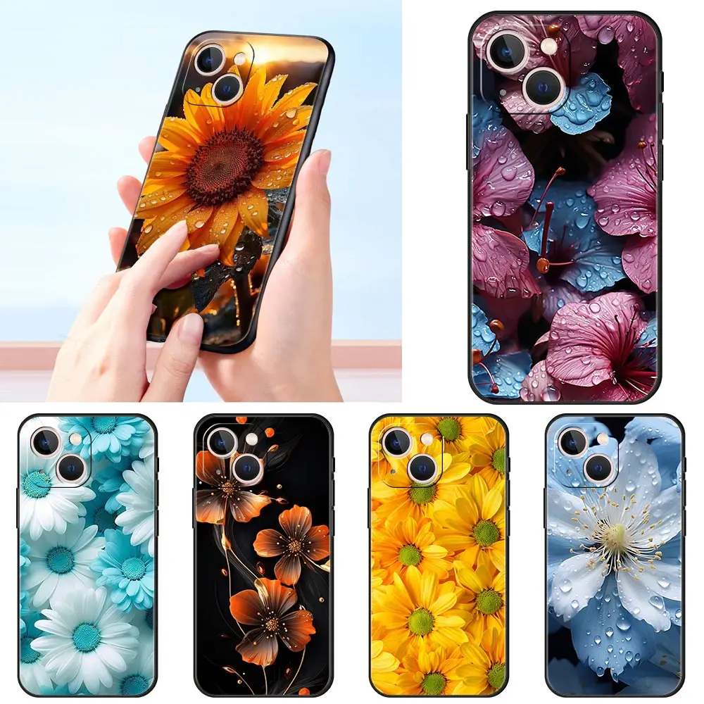 Funda de teléfono de lujo con hojas de flores de belleza para Apple iPhone 16 11 15 14 Pro MAX 12 13 7 8 Plus X XR XS SE, funda negra de silicona