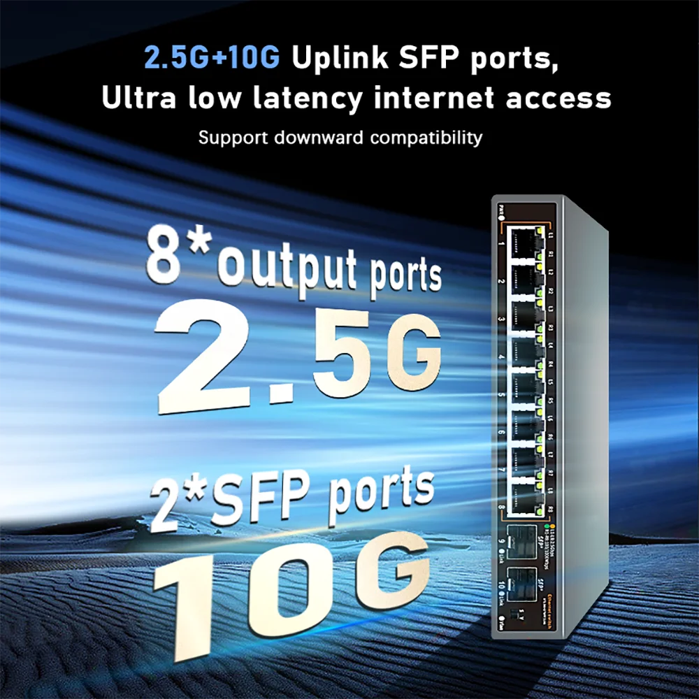 Conmutador de red Ethernet 2,5G Conmutador 2500BASE-TX de 8 + 2 puertos con puerto SFP 2*10G para cámara IP/seguridad CCTV - imagen 2