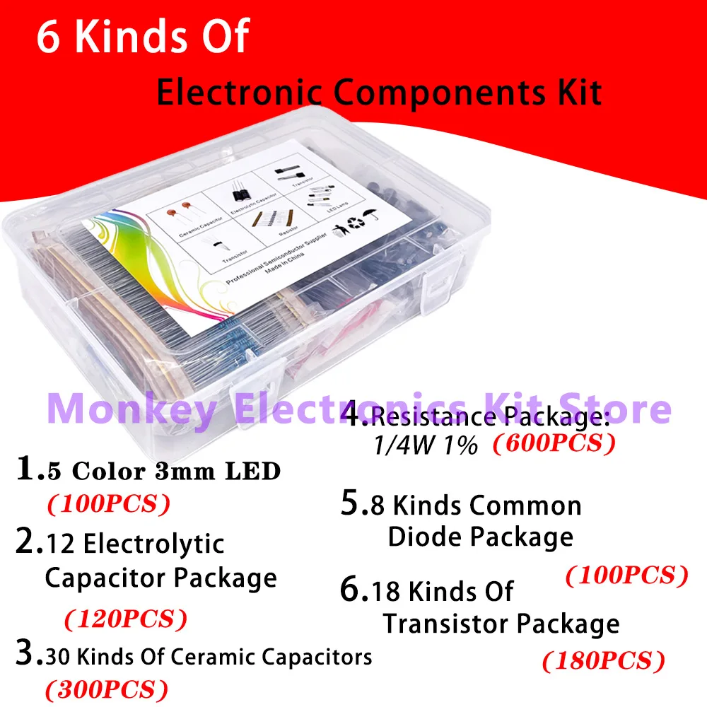 Kit de componentes de 6 tipos, condensador electrolítico de resistencia, diodo triodo To-92 LED, componentes electrónicos para experimentos de reparación DIY mezclados - imagen 2