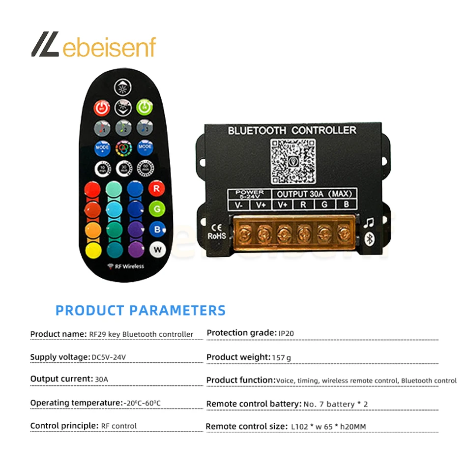 Controlador atenuador RGB con Bluetooth inteligente, CC de 5V, 12V, 24V, 30A y control remoto RF inalámbrico de 29 teclas para tira de luces LED coloridas COB 5050 2835 - imagen 3