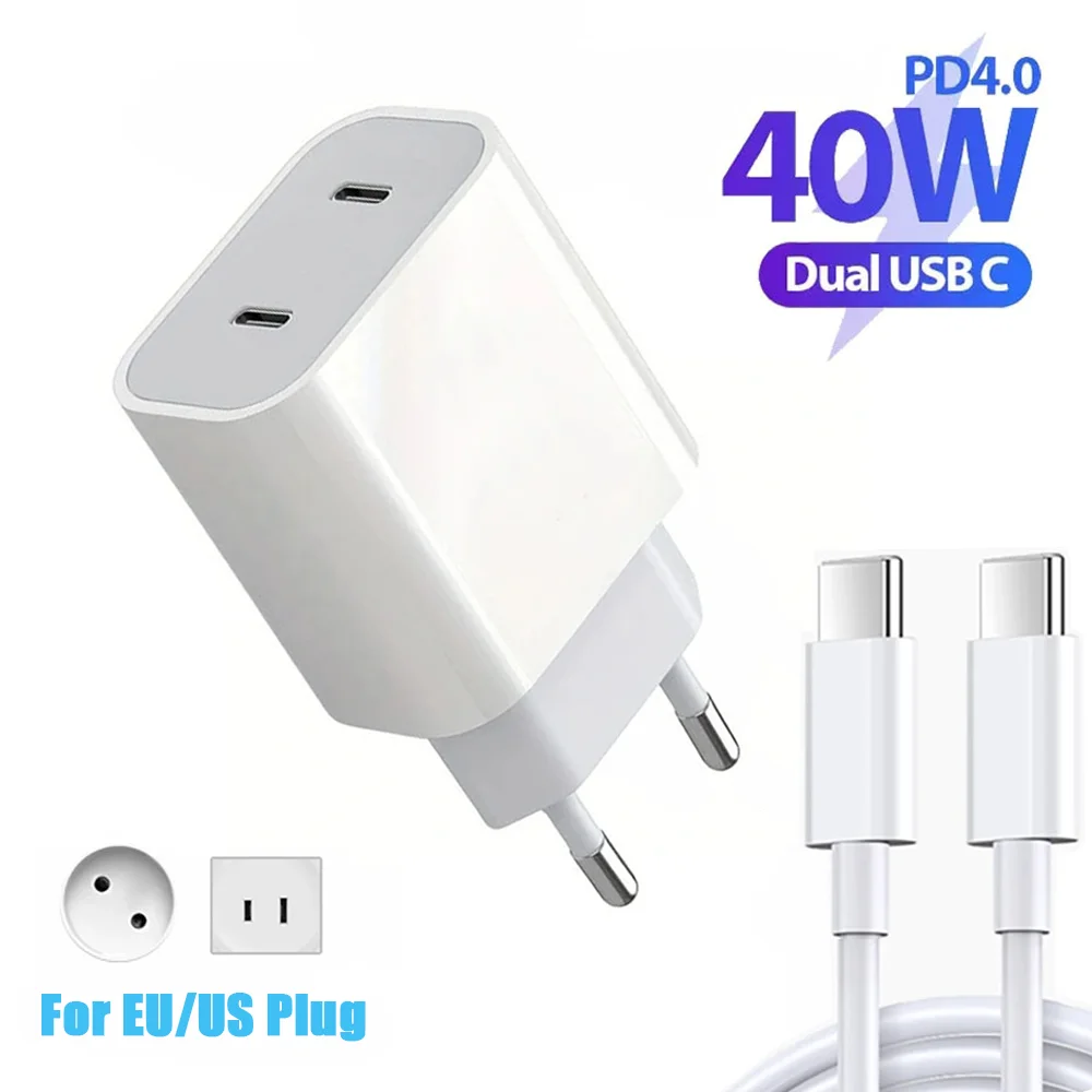 Cargador PD 40W USB C, cargador rápido tipo C, Cable cargador de teléfono móvil, adaptador de pared para iPhone 15 16 Pro Max Xiaomi Samsung Huawei