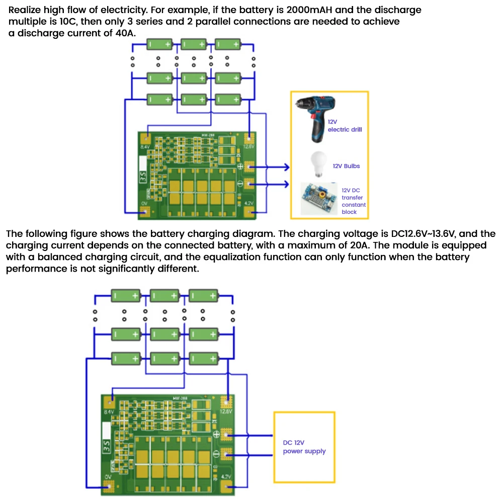 Placa de protección para cargador de batería de litio 3S 4S 40A 60A, 18650 BMS, para Motor de taladro, 11,1 V, 12,6 V, 14,8 V, 16,8 V - imagen 4