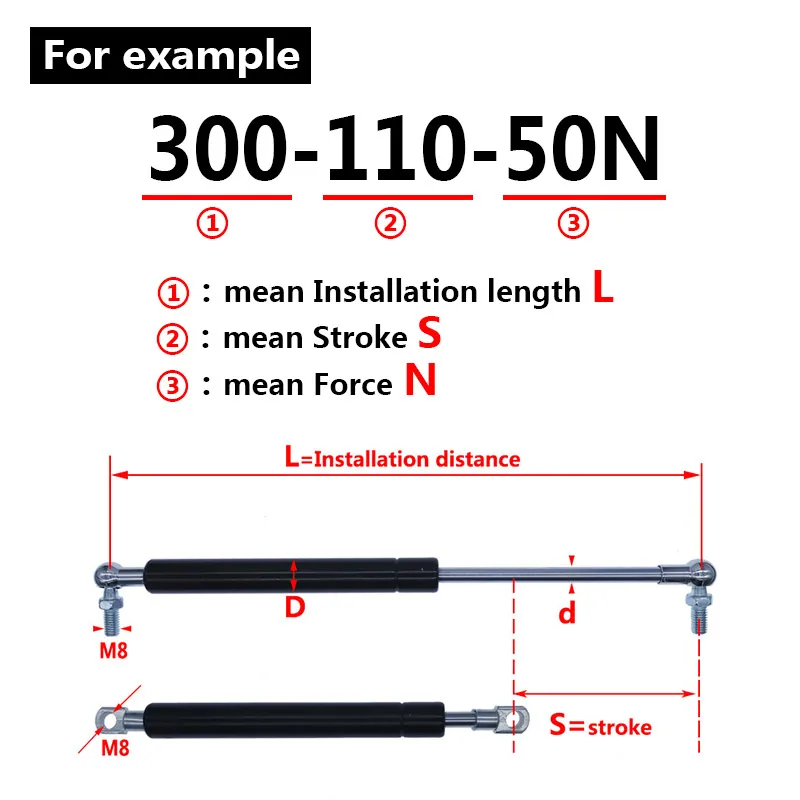 Bisagra plegable de resorte de Gas de 18x8 varillas, orificio de soporte de elevación de fuerza, distancia central de 300mm, distancia de carrera de 110mm, 50N-500N/5kg-50kg - imagen 4