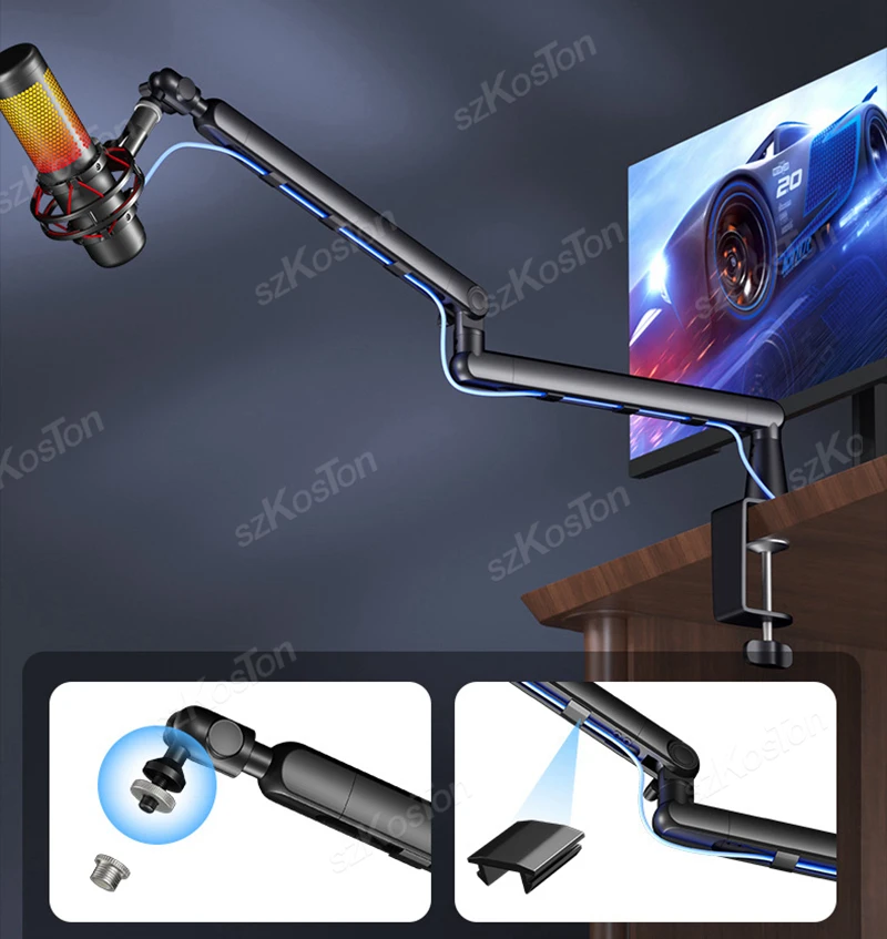 Brazo de micrófono de perfil bajo de estudio profesional con gestión de cables elevador extendido soporte de micrófono ajustable para SM7B MV7 AM8 K688 - imagen 3