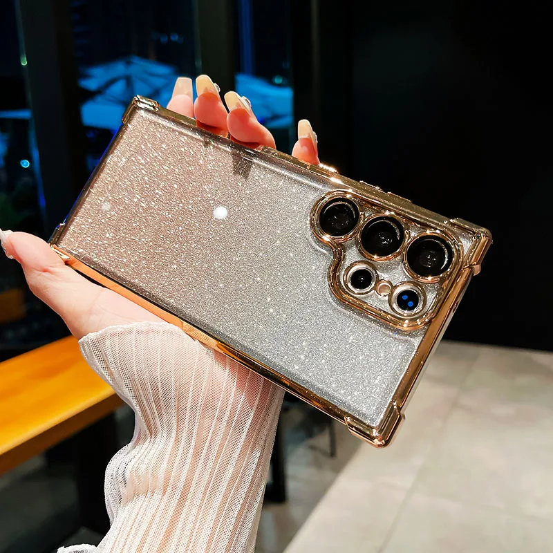 Funda de teléfono transparente con revestimiento de purpurina degradada para Samsung Galaxy S23 FE S24 Ultra S22 S23 Plus, funda de parachoques ultrafina a prueba de golpes