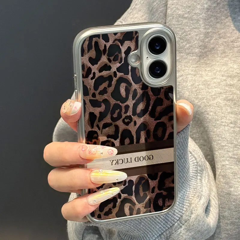 Funda de teléfono anticaída de TPU epoxi con borde plateado y estampado de leopardo de la suerte para iPhone XR/11/12/13/14/15/16/17 Pro Max - imagen 2