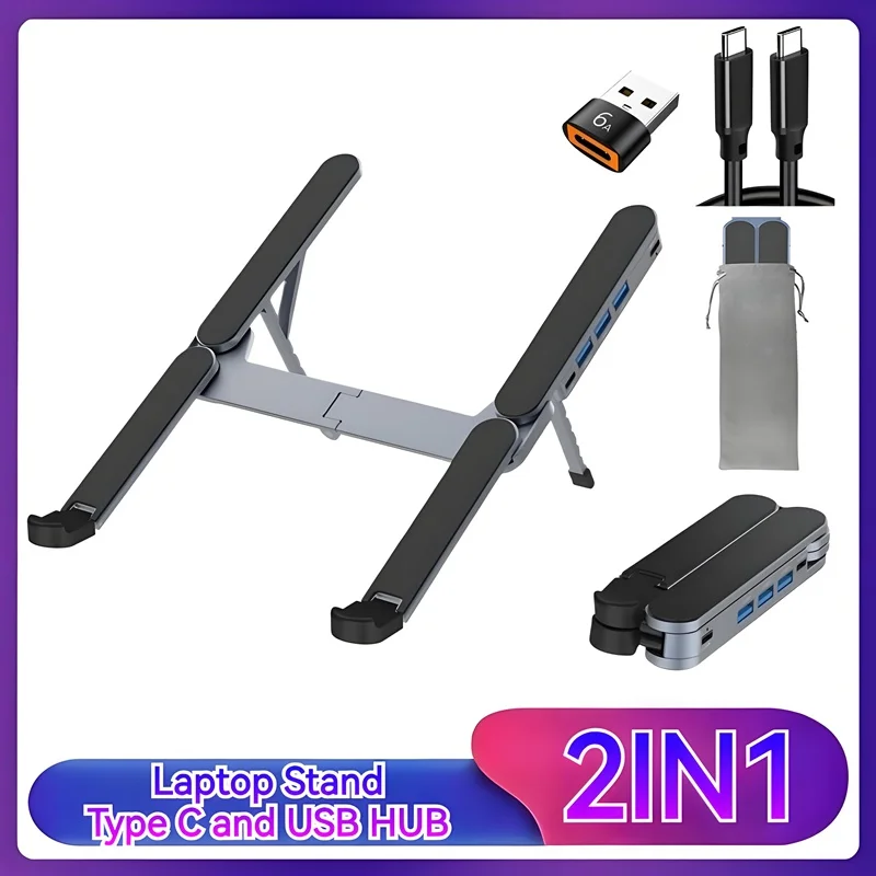 Soporte plegable de Metal para ordenador portátil, soporte ajustable con concentrador USB C, estación de acoplamiento USB C multipuerto para MacBook/HP/Lenovo de 10-17 pulgadas