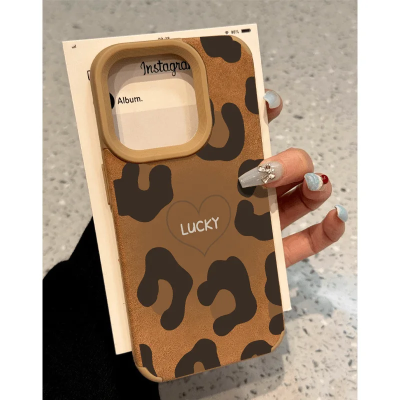 Funda de teléfono con estampado de leopardo Retro para iPhone Air 17 16 15 14 Plus 13 12 11 Pro Max X XR XS, funda de parachoques de piel sintética marrón