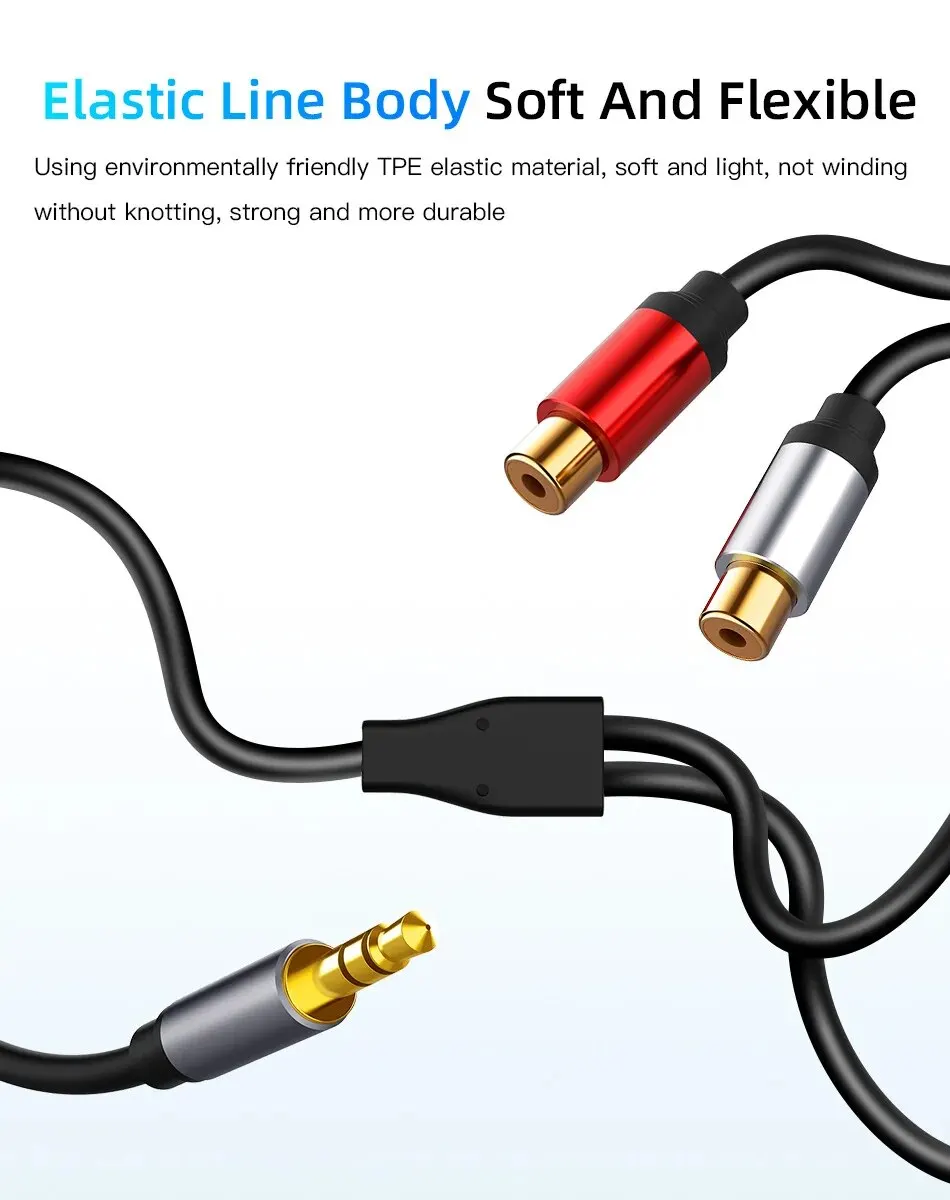 Cable de audio estéreo con conector chapado en oro, adaptador de audio macho de 3,5 mm a hembra 2RCA, compatible con altavoces estéreo - imagen 5