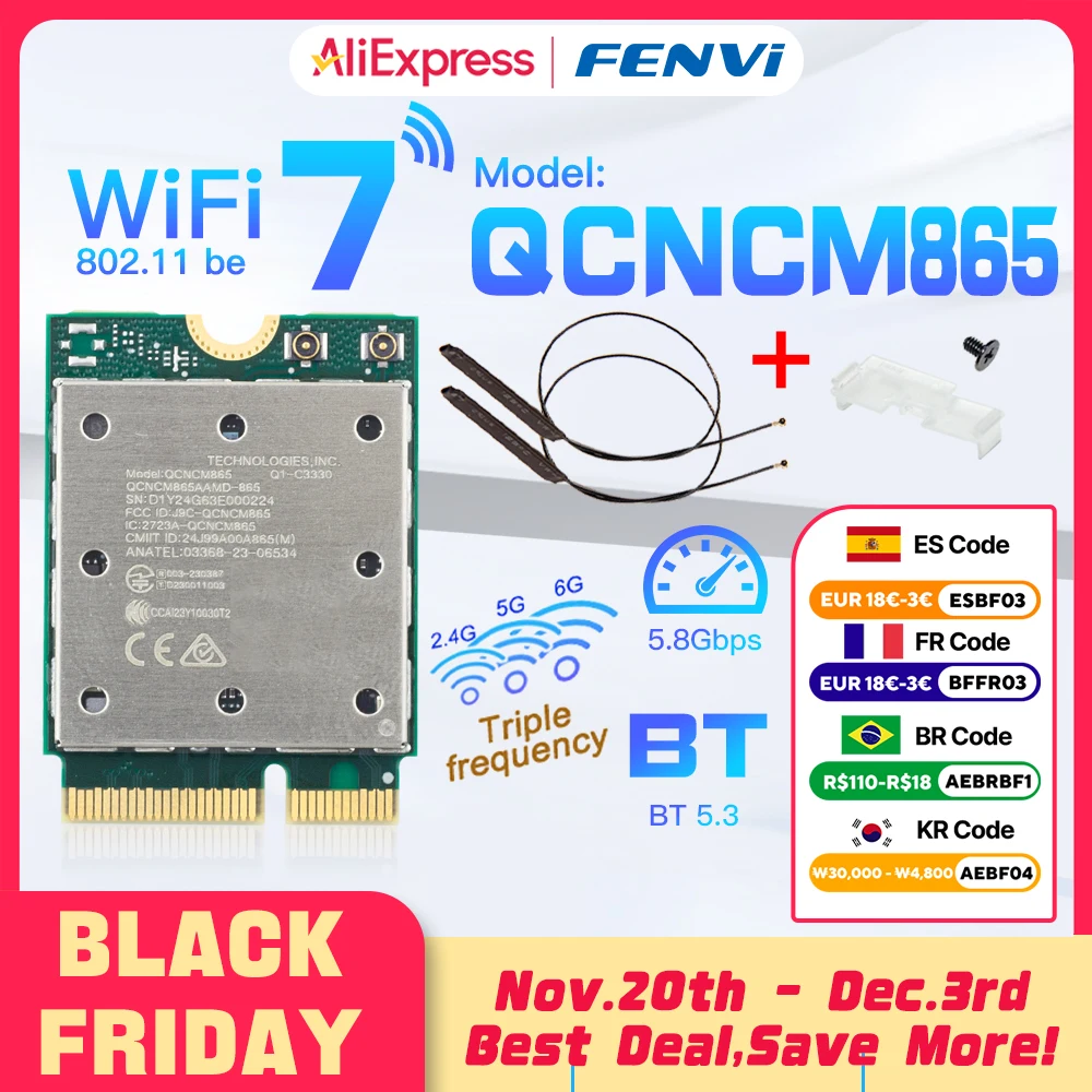 Fenvi Wifi 7 QCNCM865 M.2 Tarjeta de red Bluetooth 5,3 hasta 5,8 Gbps Mejor que Wifi 6E Wlan Adaptador inalámbrico solo para Win 11Wu