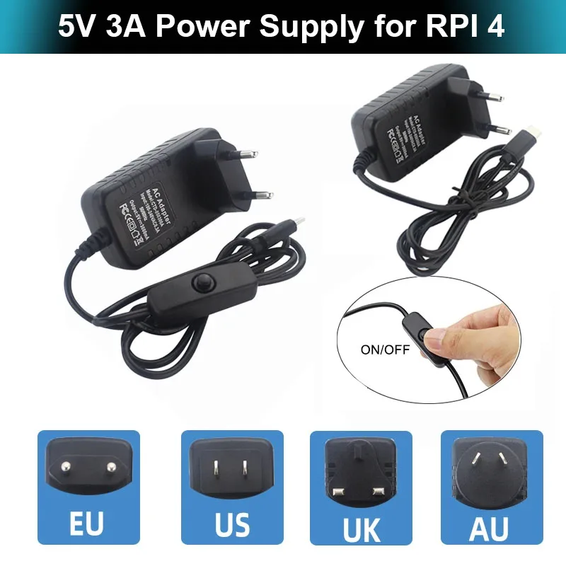 Fuente de alimentación de 5V 3A Raspberry Pi 4 puertos USB tipo C 100-240V adaptador de corriente UE EE. UU. Reino Unido AU cargador para Pi 4 naranja Pi 3B OPI Zero 3