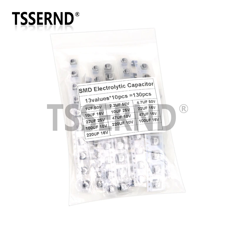 Kit surtido de condensadores electrolíticos de aluminio SMD, 1uF-130 uF, 13 valores x 10 unidades = 220 Unidades, juego de muestras de capacitancia, 130 unidades por lote