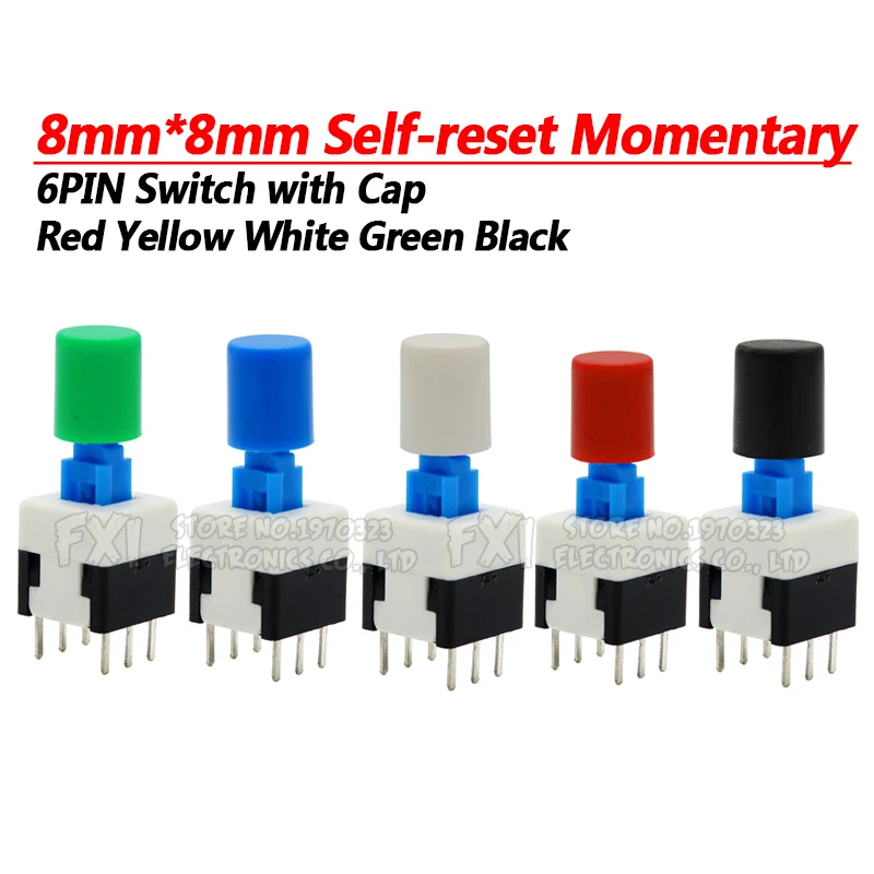 Kit de microinterruptores de botón de 6 pines, set de 10 unidades con tapa de 8x8mm, autoreinicio, pulsador momentáneo, potencia táctil, 8x8mm, 20 unidades
