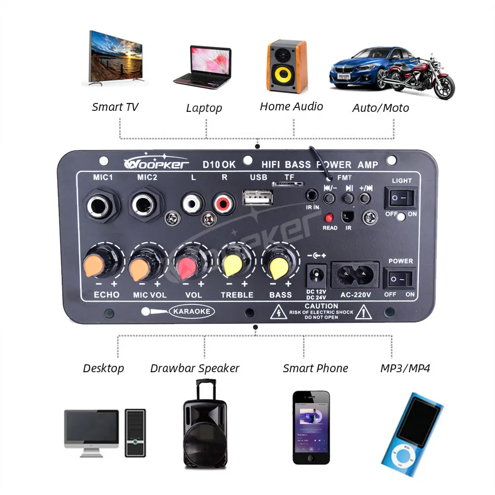 Woopker-placa amplificadora de Audio, 30-120W, compatible con micrófono Dual, Bluetooth, amplificador Subwoof para altavoz de 4Ohm, 12V, 24V, 110V, 220V - imagen 3