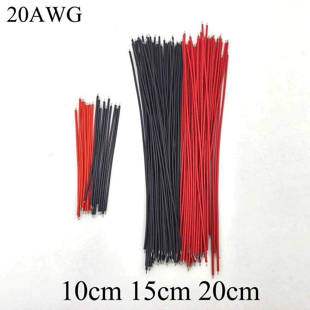 Cable de soldadura PCB de doble cabezal, 10/100 Uds., 10cm, 15cm, 20cm, 20AWG, Cable de puente volador, Conductor de estaño, negro y rojo