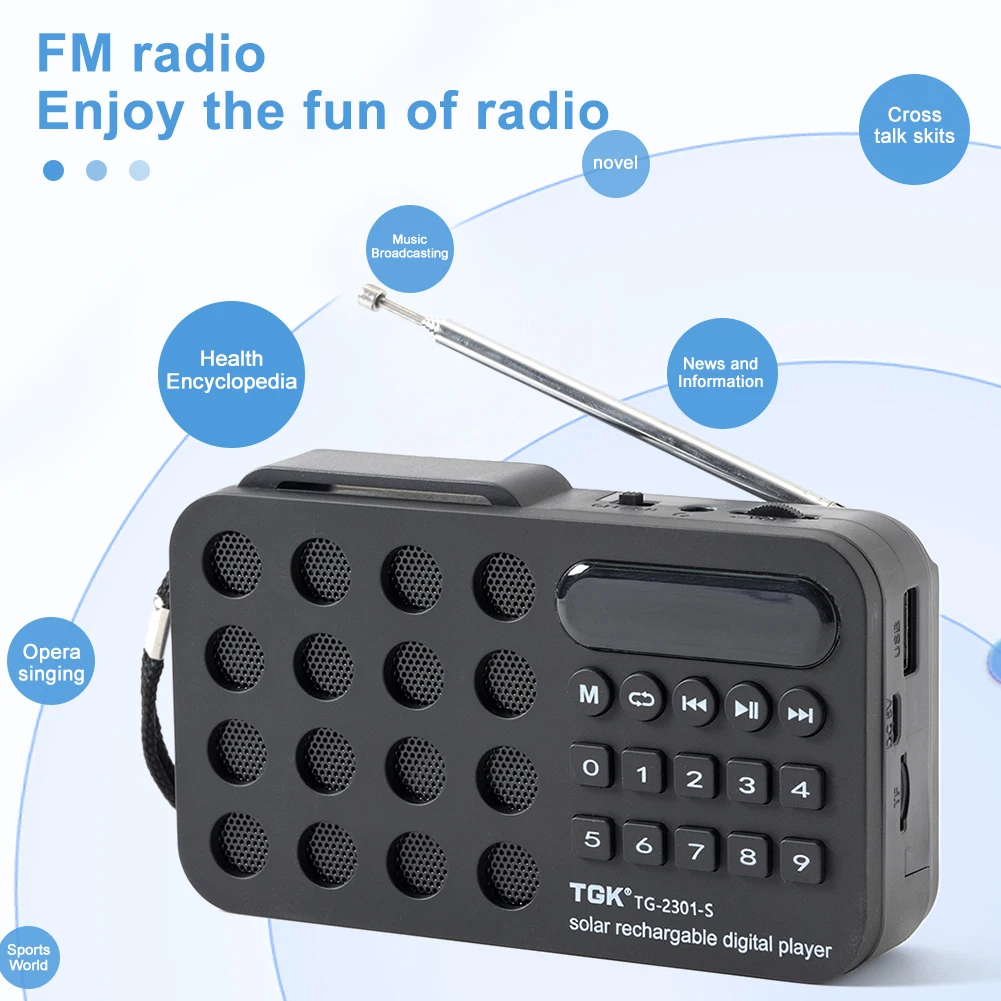 Mini Radio FM portátil de bolsillo, carga Solar, altavoces inalámbricos, soporte USB, tarjeta TF, reproducción de emergencia, Bluetooth, receptor de Radio FM - imagen 5