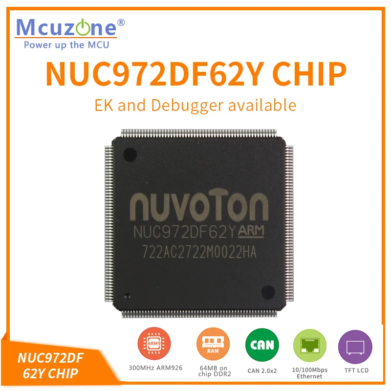 NUC972DF62Y, Soc basado en el núcleo NUVOTON ARM926, con chip 64MB DDR2, 2 * CAN, 8 * UART, USB, LCDC, interfaz CMOS, códec