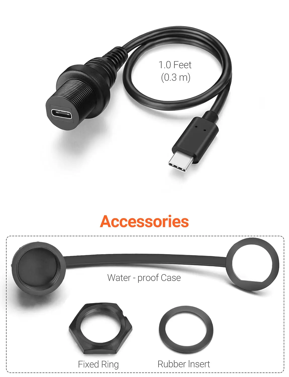 Cable de extensión USB C de 1m/3 pies con Kit impermeable tipo C Cable de montaje empotrado de Panel macho a hembra para salpicadero de motocicleta, barco y coche - imagen 5