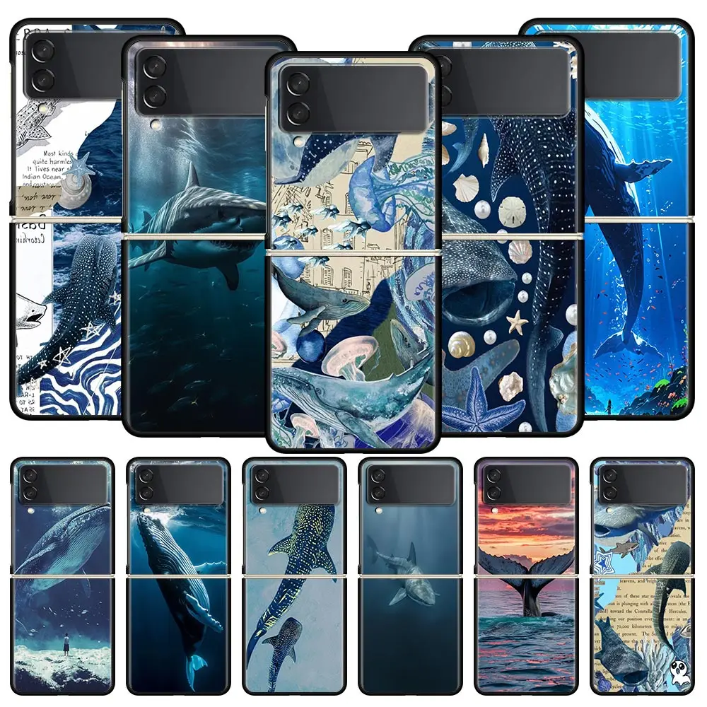 Funda de teléfono con diseño de tiburón y ballena oceánica para Samsung Galaxy Z Flip3 Flip4, carcasa para Z Flip 3 4 5 6, funda plegable dura negra