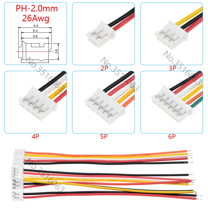 5/10 Uds Micro JST PH 2,0mm conector macho/hembra con Cable 100/200/300mm Cable 2/3/4/5/6/8/10P línea de puente de pines para Arduino - imagen 2