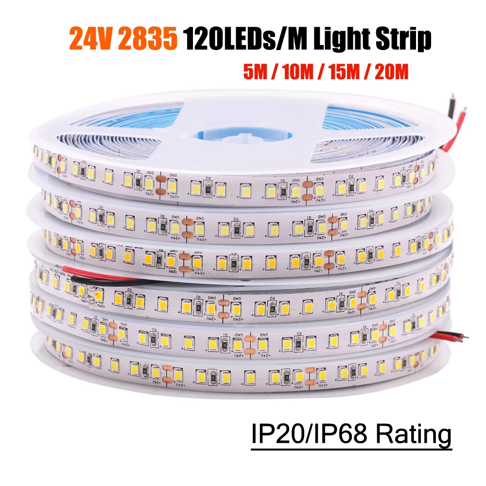 Tira de luces LED de 5M, 10M, 15M, 20M, 24V, 2835, 120LEDs/m, IP20, tira de lámpara para el hogar, cinta Flexible IP68 cálida/Natural/blanca para jardín al aire libre