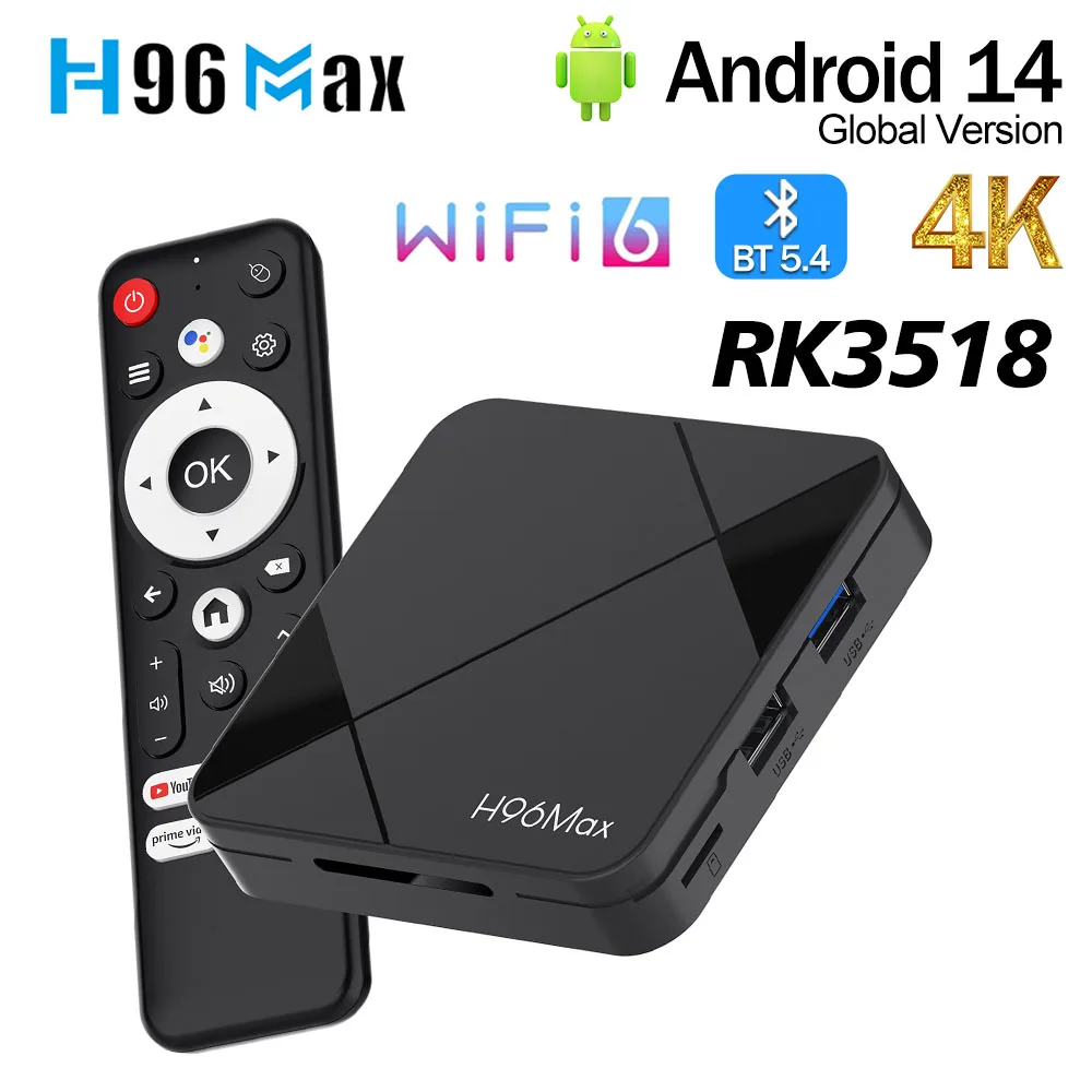H96 MAX RK3518 TV Box Android 14 ATV TV Box 4K Wifi6 BT5.4 USB3.0 asistente de voz de Google reproductor multimedia decodificador