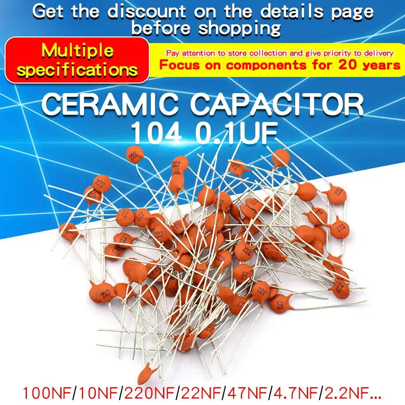 100 Uds condensador cerámico 104 0,1 uF 100PF 50V 30PF 103 0,01 UF 22P 102 20PF 50V