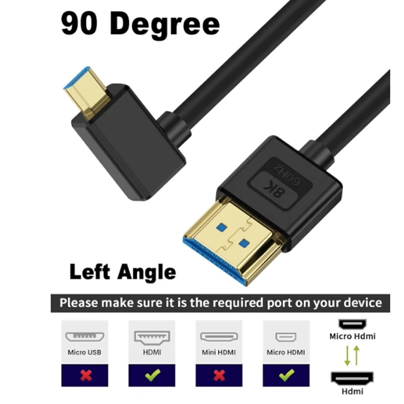 Cable Micro HDMI a HDMI de 1 pie, ángulo izquierdo de 90 grados, 48 Gbps, 8 K a 60 Hz, 4 K a 120 Hz, ultradelgado y flexible, compatible con cámara, - imagen 2