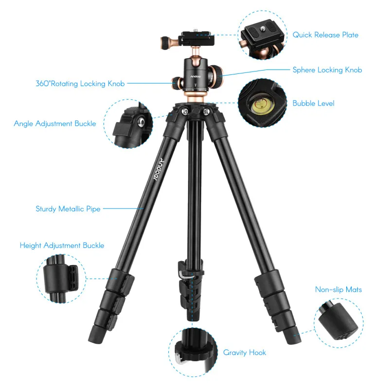 Andoer-trípode para cámara Q160SA con cabezal de bola panorámico, portátil, de viaje, para cámaras DSLR, videocámara, proyector, trípode completo - imagen 2