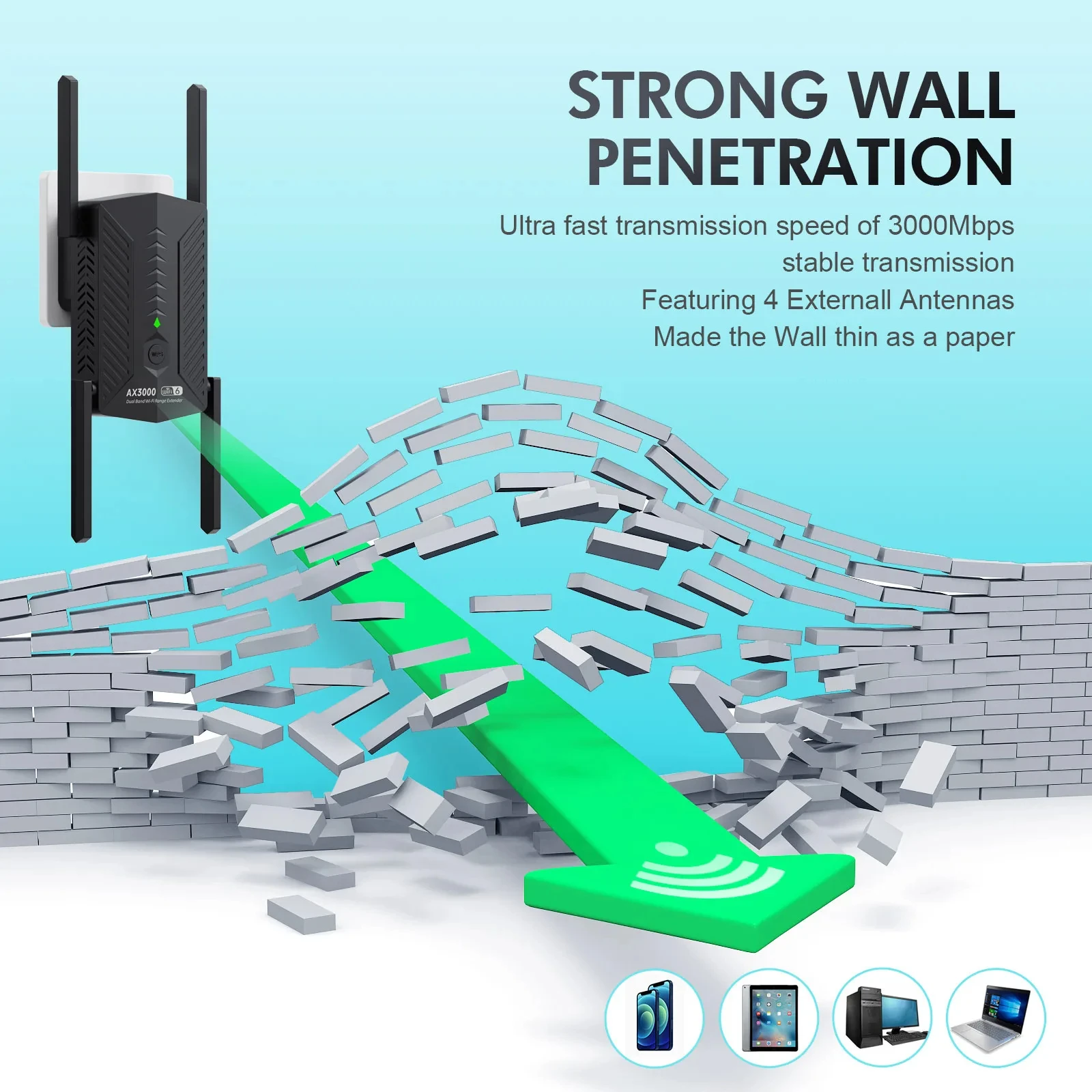 Repetidor Roteador WiFi 6 de 3000Mbps, amplificador de señal Wi-Fi 6, 2,4/5Ghz, 4 antenas de alta ganancia, amplificador extensor de largo alcance WPS, fácil configuración - imagen 4