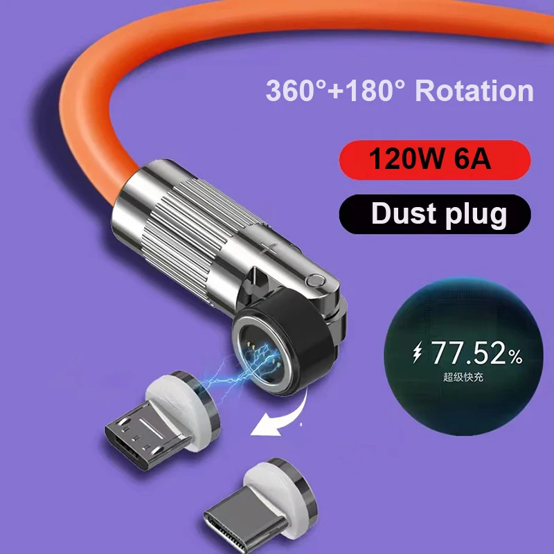 Cable magnético giratorio 540 para teléfono móvil, cargador magnético de carga rápida 6A, USB tipo C, Cable Micro DE 8 pines para iPhone y Xiaomi