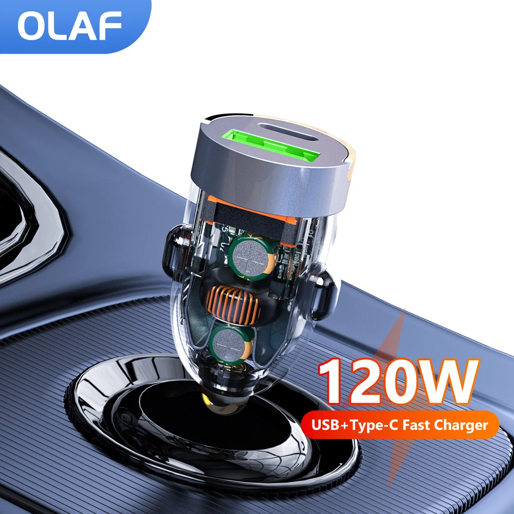 Olaf Mini 120W PD QC anillo de tracción carga rápida tipo C cargador de coche USB C adaptador de cargador de teléfono de coche para iPhone Xiaomi Samsung Huawei