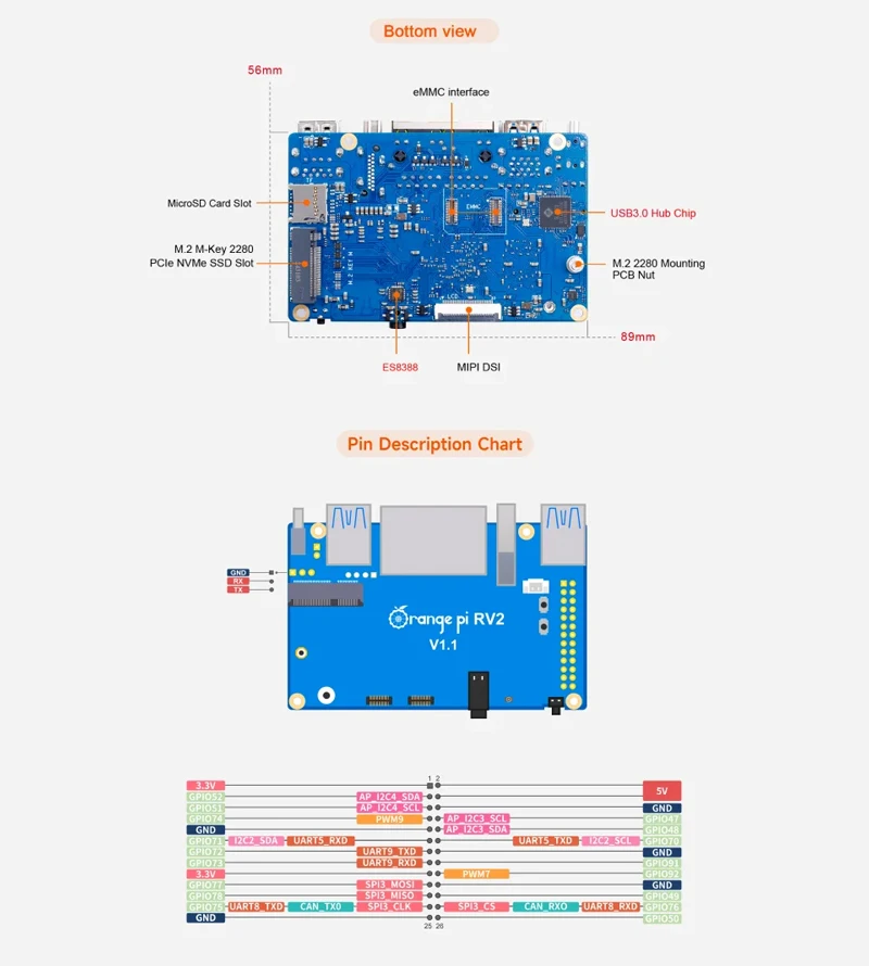Orange Pi RV2 2GB/4GB/8GB RAM Board LPDDR4 8-Core TOPS AI CPU WiFi BT5.0 BLE M2 PCIE SSD Mini PC para Orange Pi RV2 - imagen 4