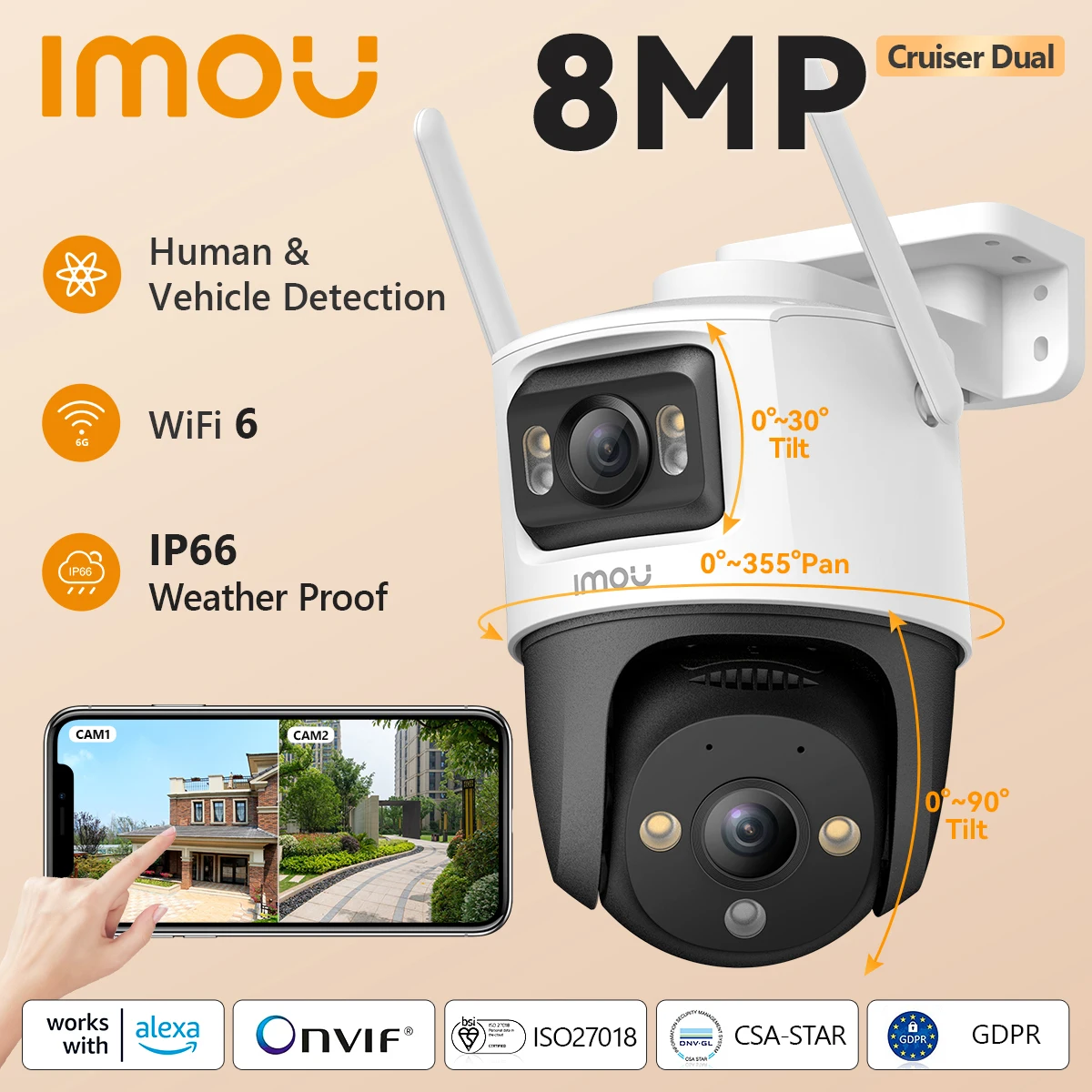 IMOU Cruiser-cámara de seguridad para el hogar, dispositivo de vigilancia de doble lente, 8MP/10MP, IP, detección de personas y vehículos por Ia, para exteriores - imagen 2
