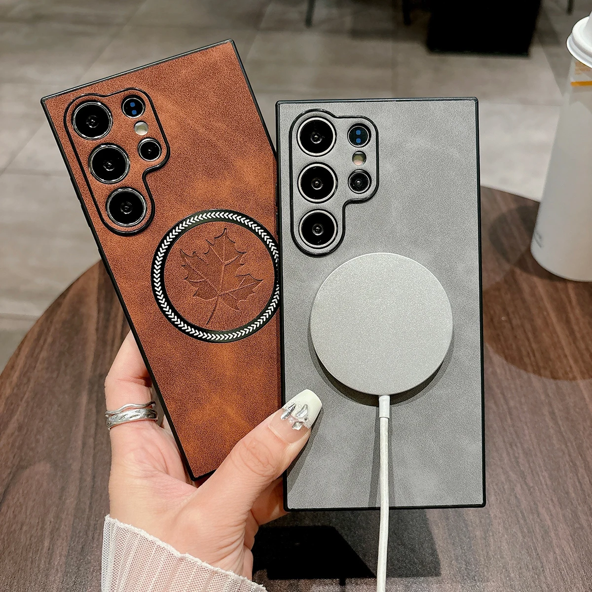 Funda magnética de hoja de arce para Samsung Galaxy S26 S25 S24 S23 S22 S21 Ultra Plus FE Note20 Funda de cuero Magsafe carcasa completa para cámara - imagen 4