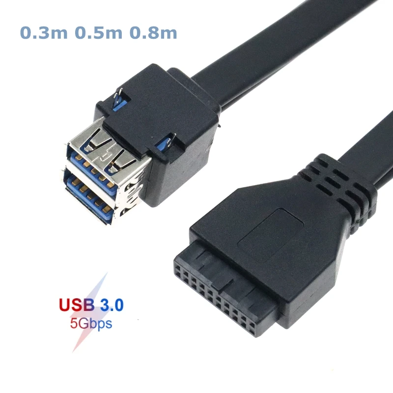 Cable de Panel frontal USB 3,0 de 0,3 m, Cable de datos hembra USB de 19 pines y 20 pines a doble capa de 2 puertos con pines para chasis DIY