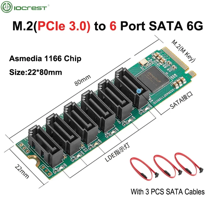 Adaptador IOCREST M.2 (PCIe 3.0) a 6 puertos SATA III 6G SSD con 3 cables SATAIII PCIe Gen3x2 Chip Asmedia 1166 no RAID - imagen 2