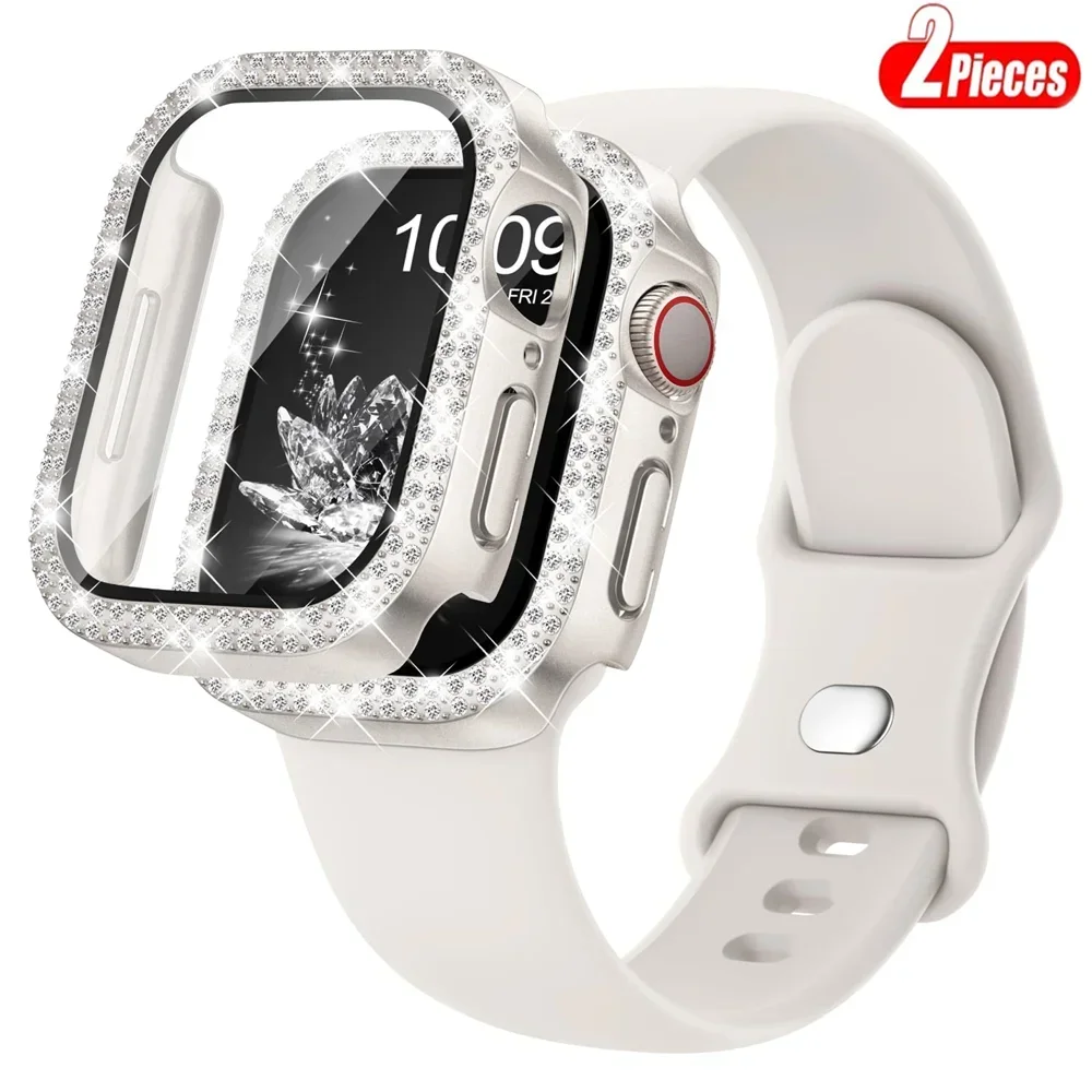 Bling Glass + cubierta + correa para correas de reloj Apple 45mm 41mm 44mm 40mm pulsera parachoques de diamante + Protector de pantalla serie 9 8 7 6 5 4 SE - imagen 3