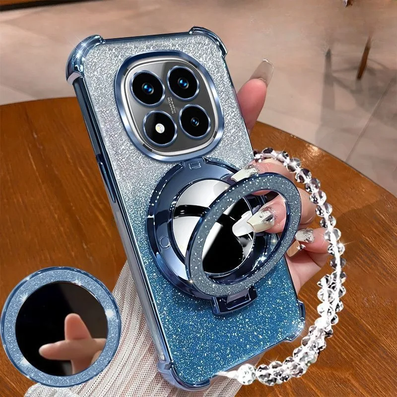 Funda de teléfono con purpurina y soporte de espejo de pulsera de cristal para Xiaomi Redmi Note 14 15 Pro Plus 15 15C 14C 14S 4G 5G, funda a prueba de golpes - imagen 5