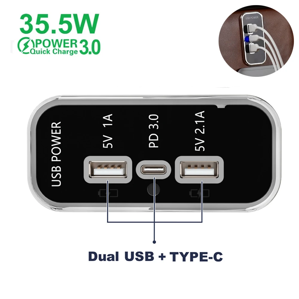 Enchufe de cargador de coche PD3.0 de 35,5 W, USB Dual 3.1A tipo C, divisor de carga rápida, adaptador de corriente para motocicleta, camión, ATV, barco, RV