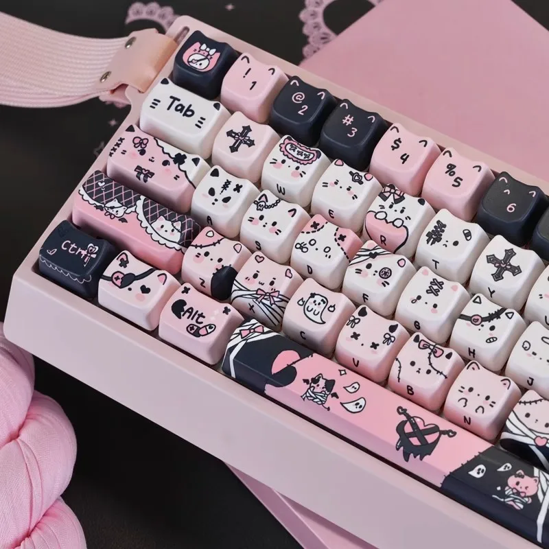 Lindo encanto negro cabeza de gato Keycap Set dibujos animados sublimación de calor juego Teclado mecánico Keycap Compatible con Wooting 68ace - imagen 5
