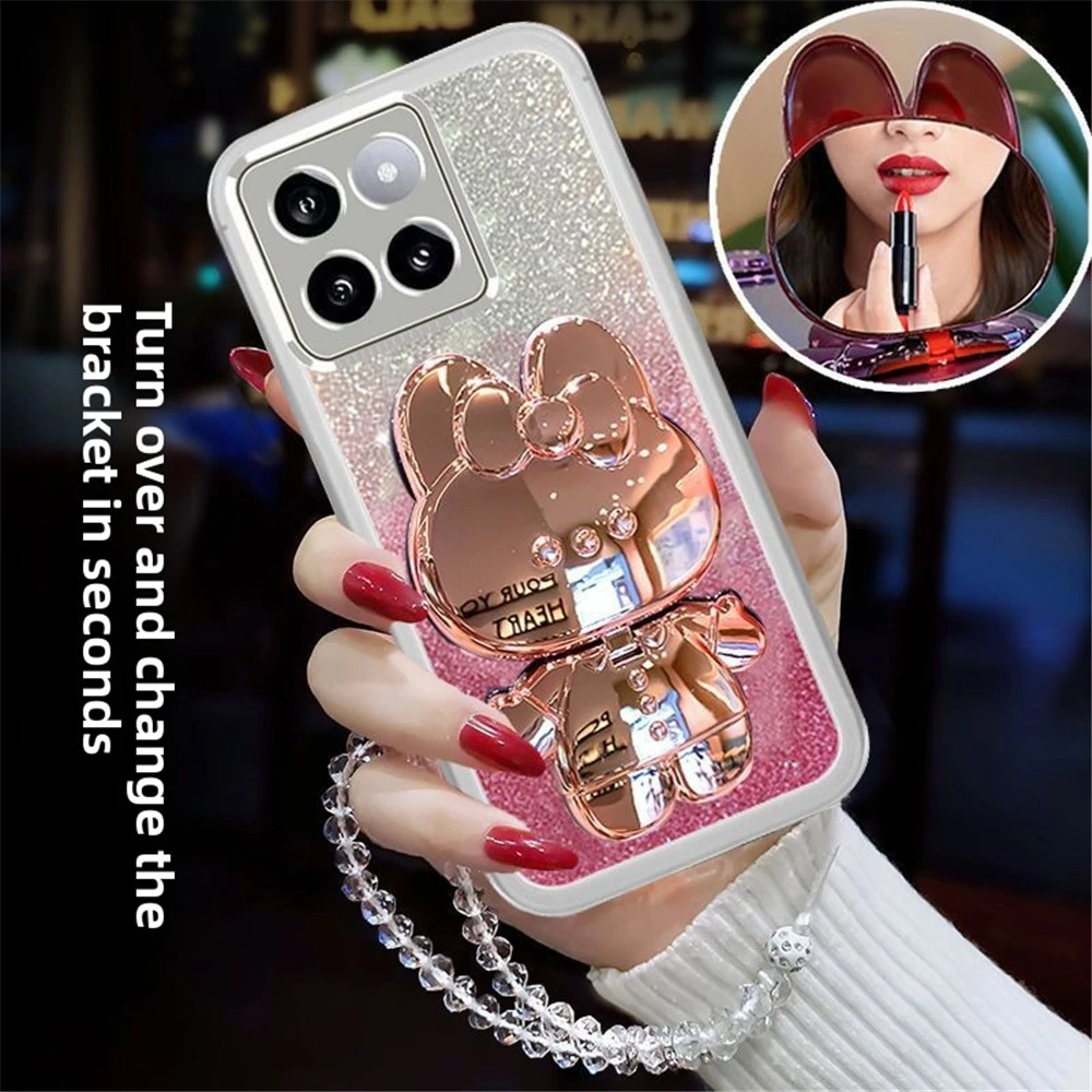 Pulsera de cristal con purpurina, funda con soporte de espejo de conejo para Xiaomi 14T Pro 13T 12T 11T 13 12 Lite 12S 12X, funda de teléfono de silicona suave